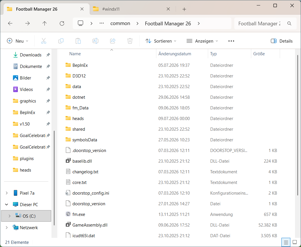 Football Manager 26 game folder showing the BepInEx and heads folders